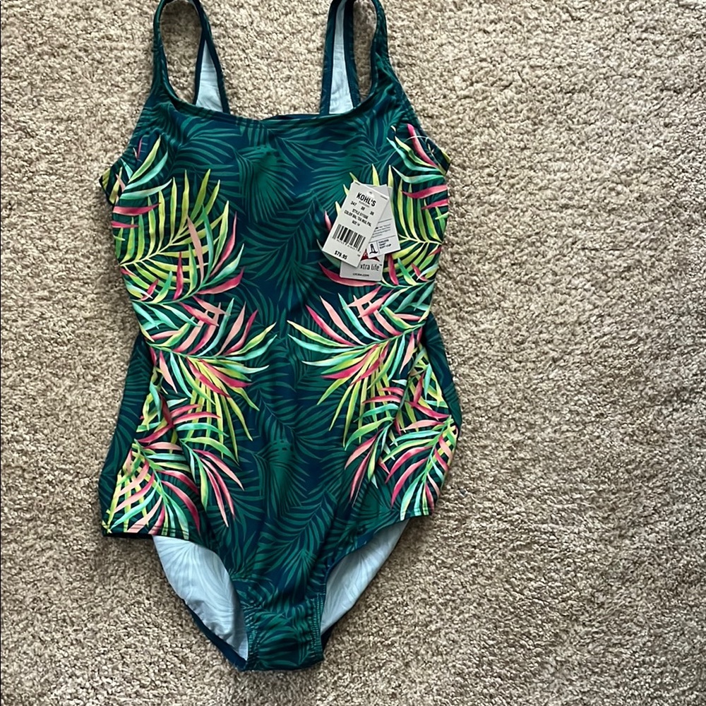 NWT Lands' End Tropical Leaf Print One Piece Swimsuit - Green and Pink